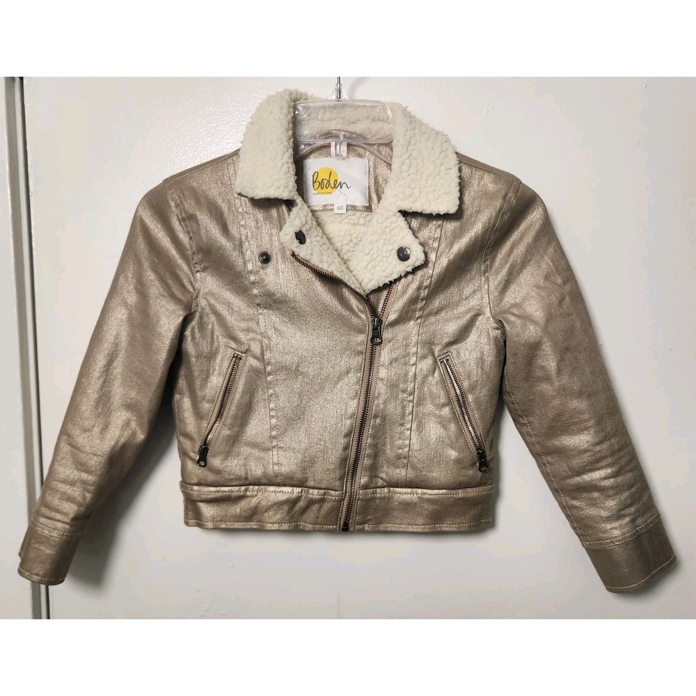 Boden Girls Metallic Gold Biker Jacket Sherpa Lined Size 6-7y Moto Trendy Glam